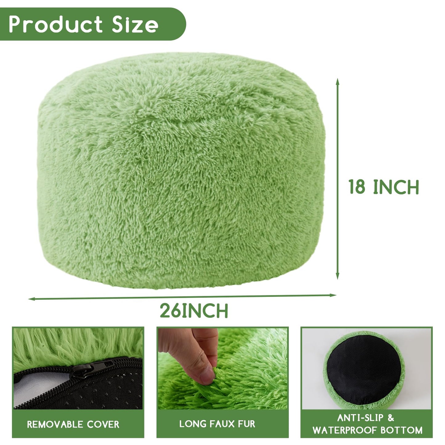 HIGOGOGO Round Stuffed Pouf Ottoman, Long Faux Fur Poufs with Foam Chunk Filling, Fluffy and Furry Pouf Foot Stool Storage Ottoman, 26 X 18 Floor Poufs Foot Rest for Living Room, Green