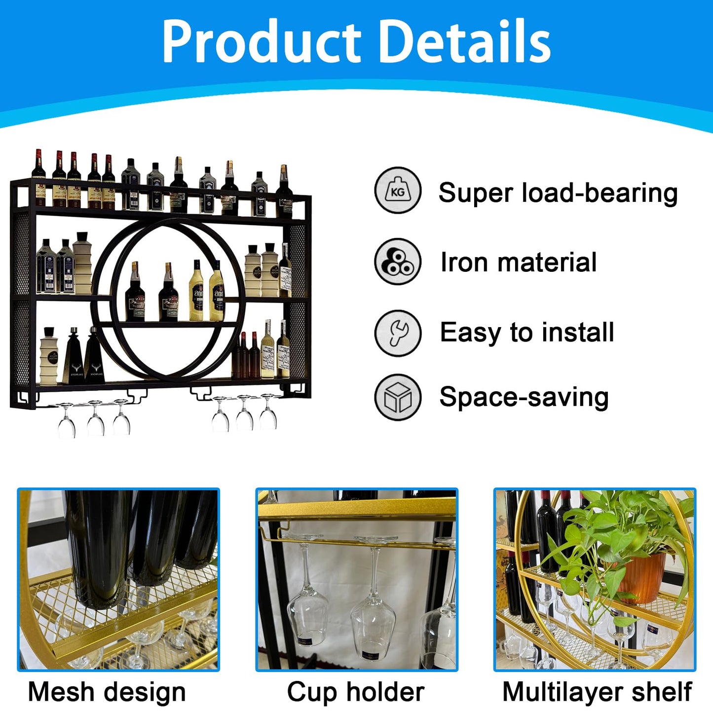 Dernoing Wall Mounted Wine Rack, Large Capacity 3 Tier Wine Glass Display Rack, Iron Round Wine Glass Storage Rack with Cup Holder, for Home Restaurant Bar (Black, 39.4 * 5.9 * 23.5inch)