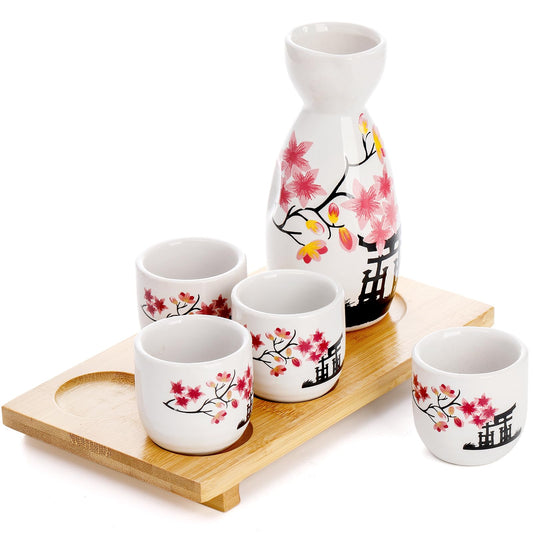 Tosnail Ceramic Japanese Sake Set, 1 Serving Carafe, 4 Sake Cups and 1 Bamboo Tray - Pink Blossom