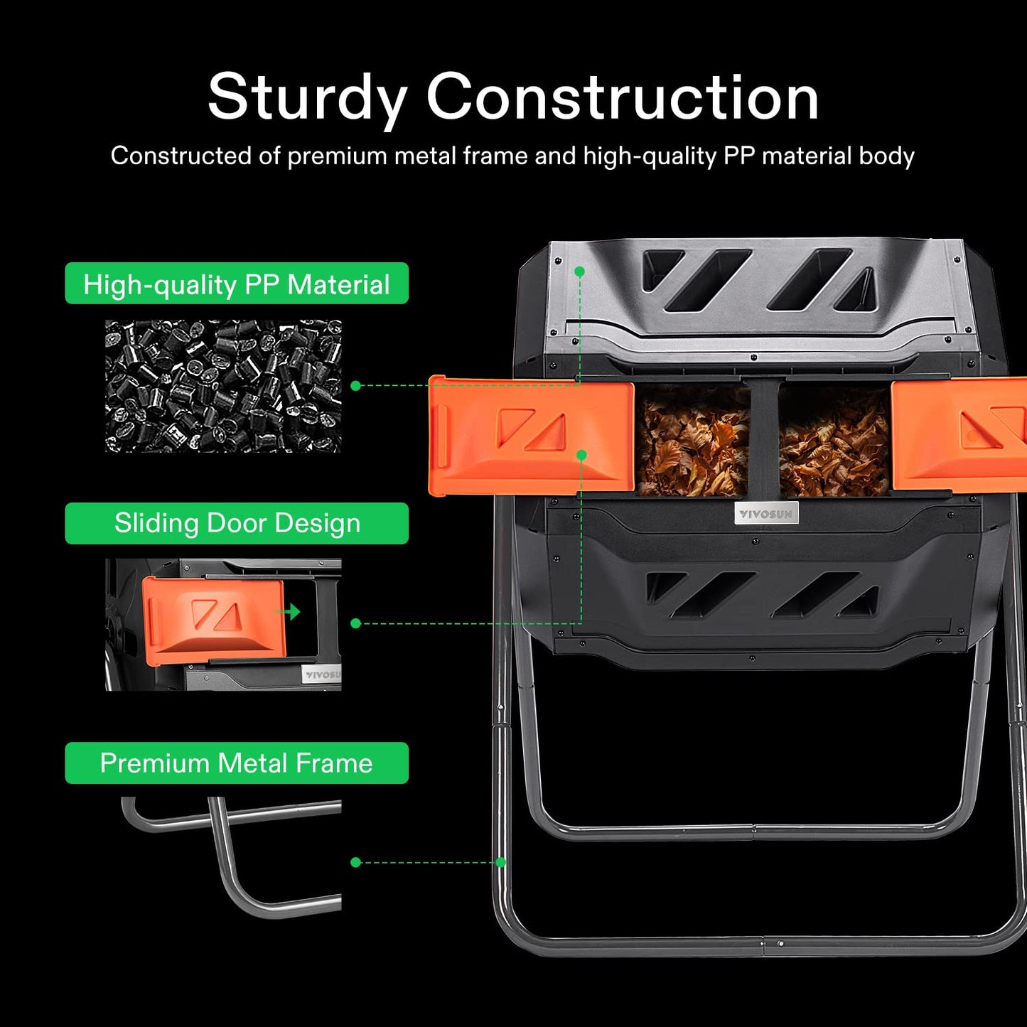 VIVOSUN Outdoor Tumbling Composter Dual Rotating Batch Compost Bin, 43 Gallon Orange Door