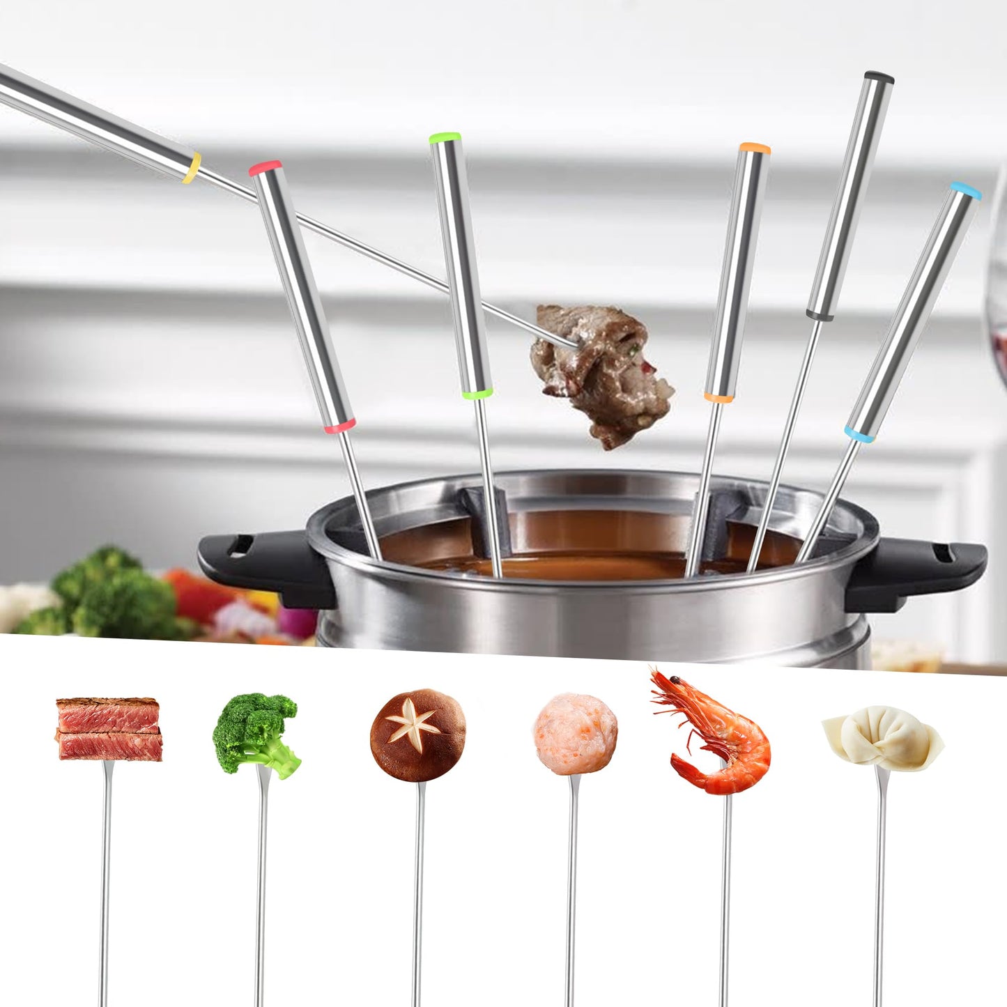 Fondue Forks, 6pcs 9.5 Inch Color-Coded Fondue Forks, Stainless Steel Fondue Sticks Heat Resistant Handle, Dishwasher Safe For Chocolate Fountain, Cheese, Hot Pot, Barbecue, Marshmallows