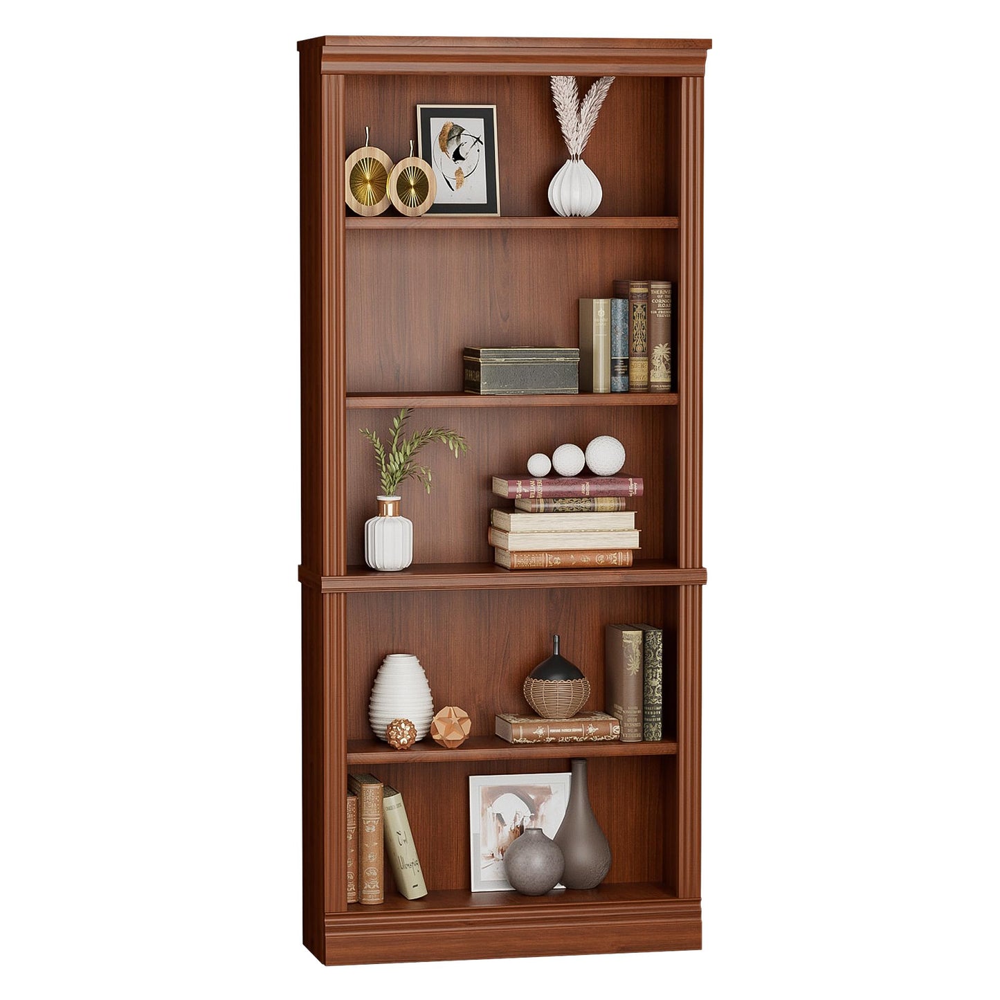 Furniwell Bookcase Bookshelves, 5-Shelf Tall Bookcase 72" Wood Open Display Floor Bookshelf, Large Storage Organizer for Library, Bedroom, Living Room (Cherry)