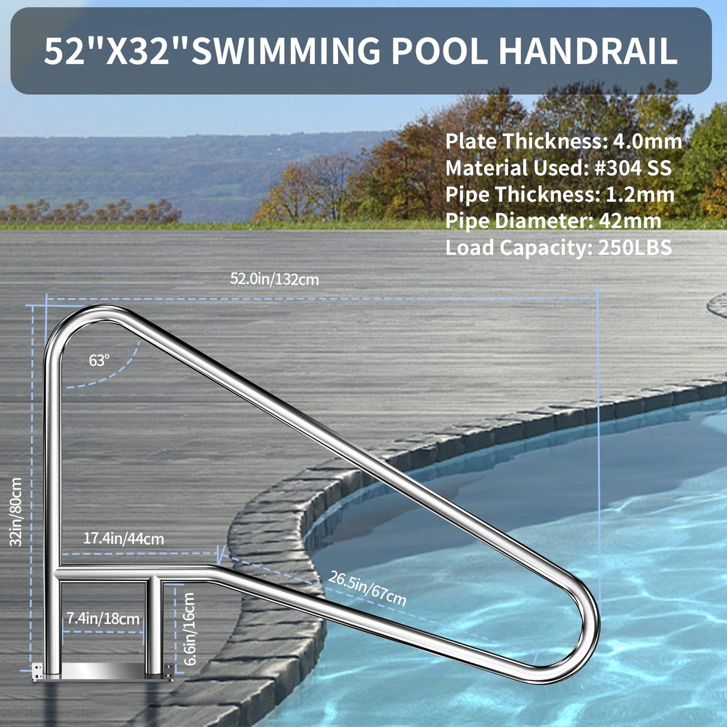 Pool Rail for inground Pools (54x32), 304SS Pool handrail with Nonslip Blue Cover.