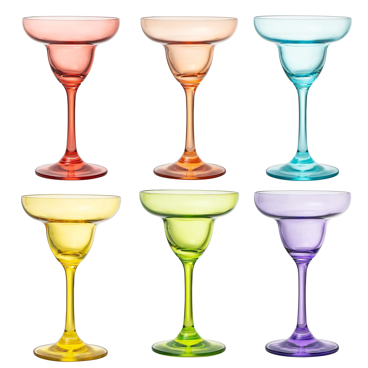 Wine Glasses Set of 6 - Wine Margarita Cocktail Glasses 7.4 oz - Multi Colored Set of 6 - Classic Cocktail Drinking Glasses &Frozen Drinks, Luxury Hand Blown Champagne Glass Cinco de Mayo Large Party