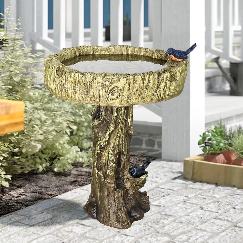 SKYFIRE 24.4” H Fibre Reinforced Concrete Outdoor Garden Bird Bath with Birds, Woodland Tree Trunk Decoration Yard Statue，Pedestal Birdbaths for Outdoors, Garden, Patio, Lawn, Backyard