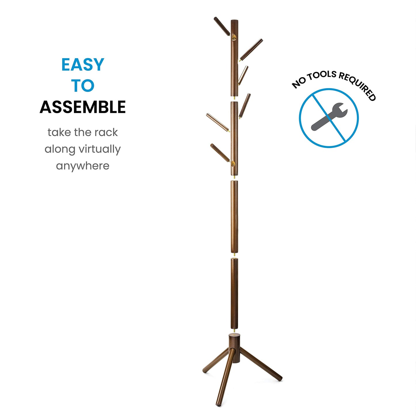 ZOBER Coat Rack Free Standing - Wooden Coat Tree W/ 6 Hooks - Coats, Purses, Hats - Adjustable Sizes, Easy Assembly - Vintage