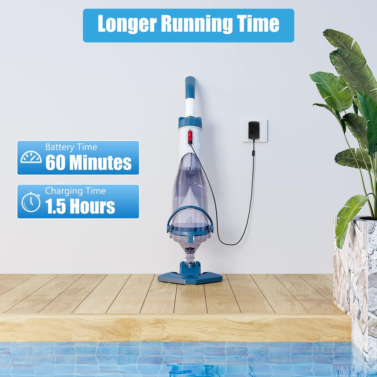 Pool Vacuum for Above Ground Pool with a Telescopic Pole, Running time up to 1H, T403 Handheld Rechargeable Pool Cleaner with Powerful Suction up to 18.5 gallons/min, Ideal for Leaves, Debris