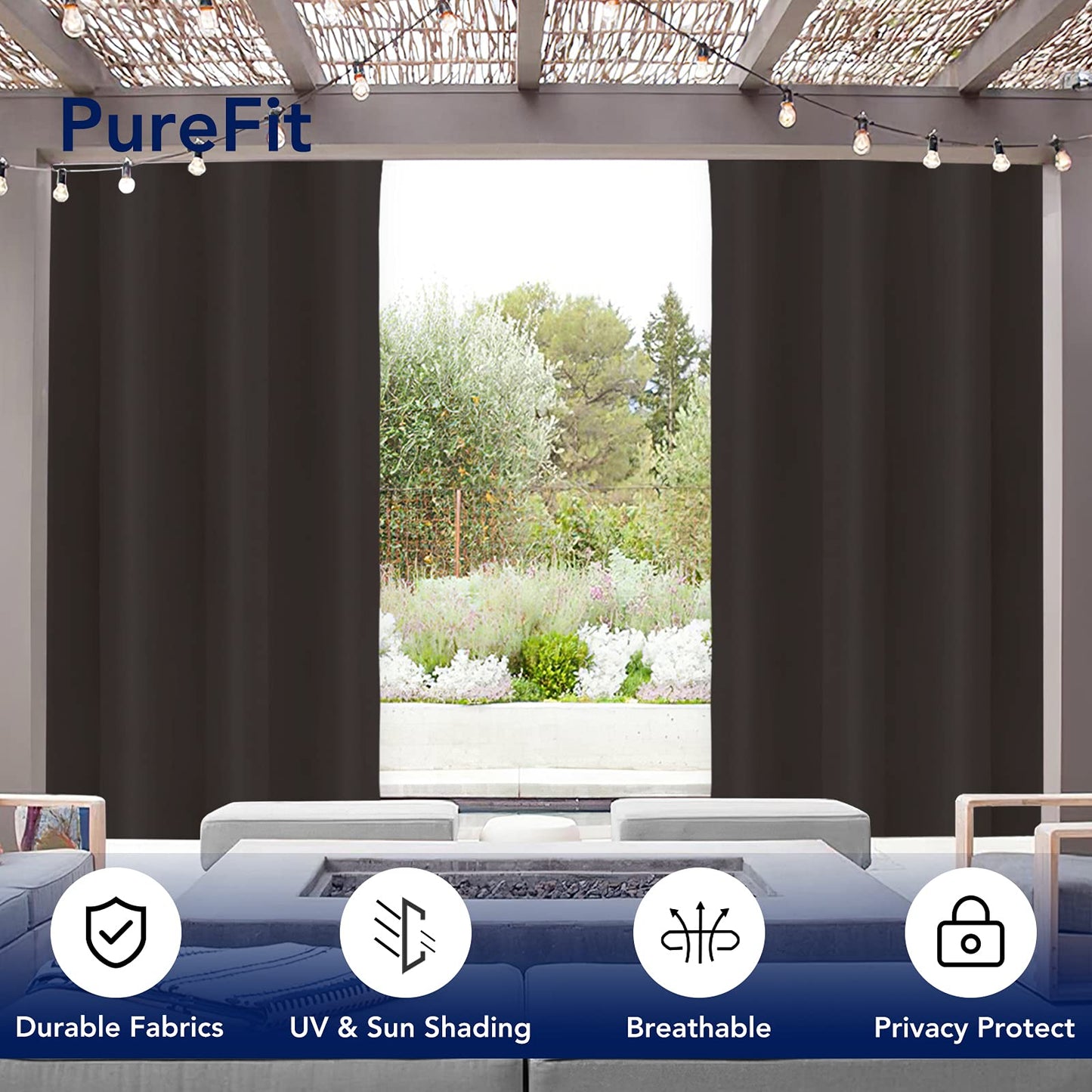 PureFit Outdoor Curtains for Patio Waterproof Weatherproof, UV and Fade Resistant Outside Curtains for Gazebo, Front Porch, Pergola, Sun Blocking Privacy Curtain, 52W x 95L inch, 1 Panel, Chocolate