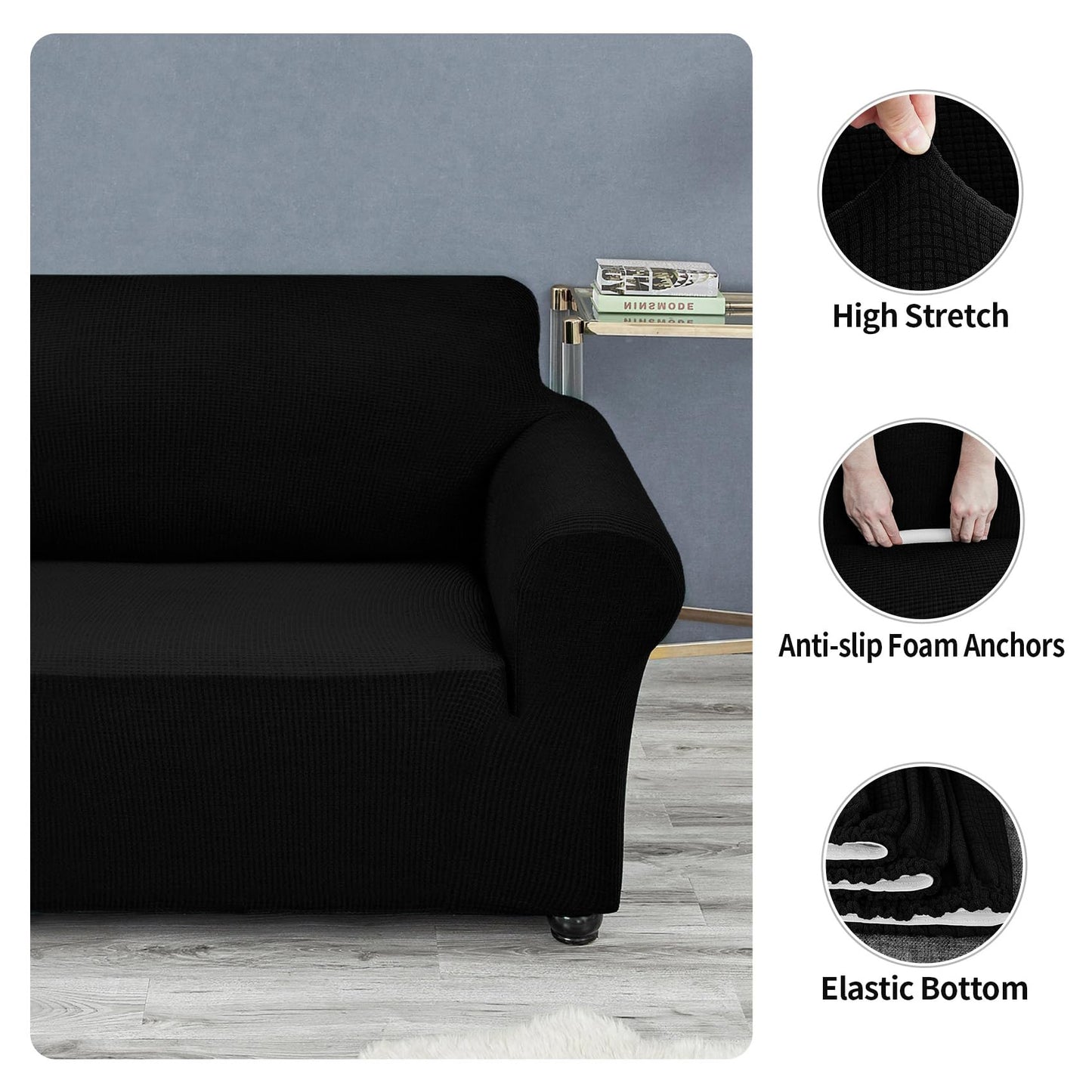 Joccun Stretch Couch Cover Slipcovers, 1-Piece Sofa Covers for 3 Cushion Couch Spandex Jacquard Washable Furniture Protector Cover for Living Room,Kids,Pets(Sofa,Black)