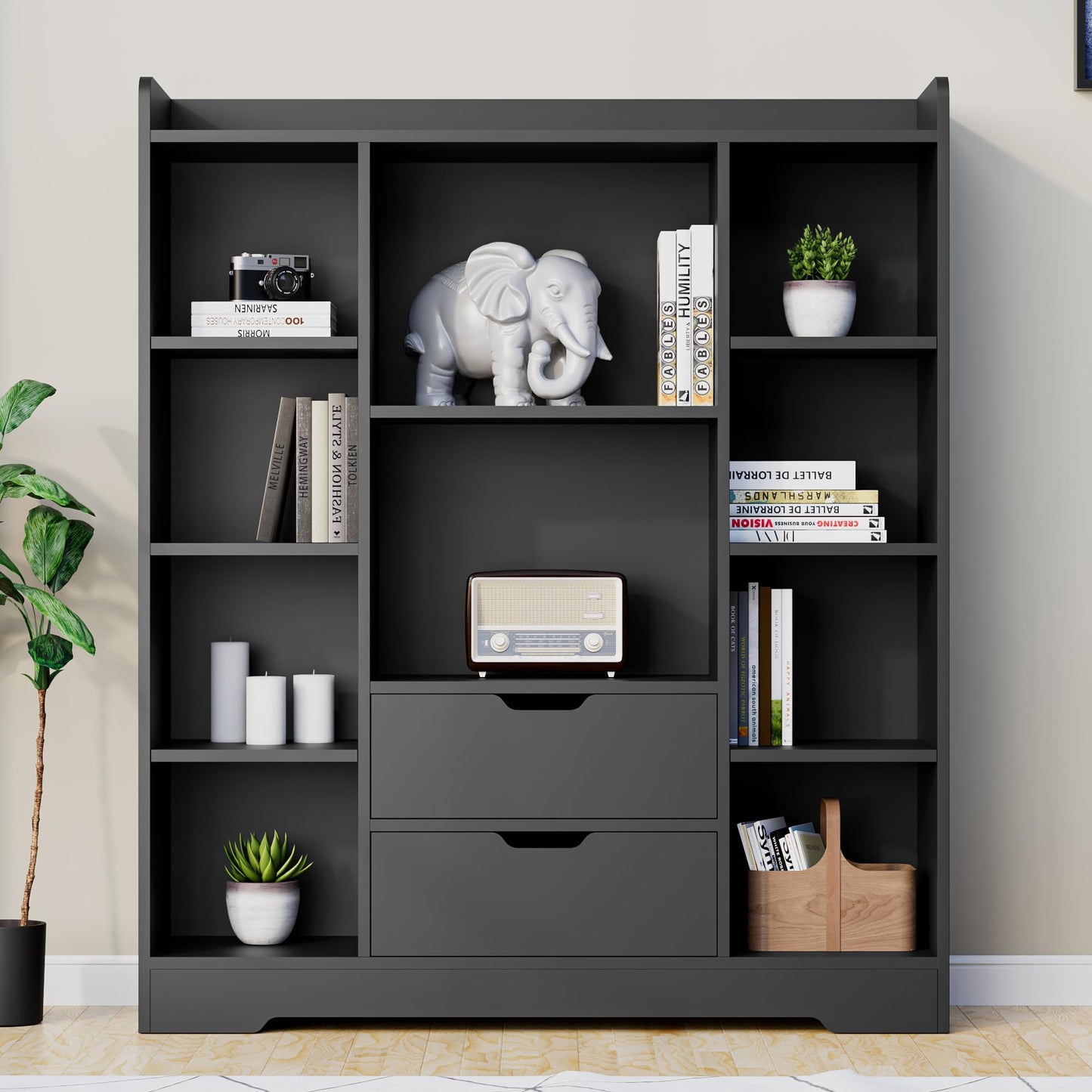 Cozy Castle Black Bookshelf, 4-Tier Open Shelf Bookcase with 2 Drawers and 10 Cubes, Wood Cube Storage Organizer Shelf for Bedroom, Living Room, 39.4" W X 47.2" H