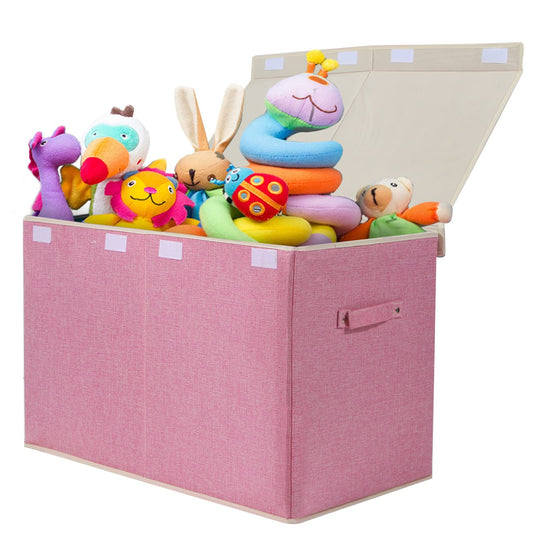 popoly Large Toy Box Chest Storage with Flip-Top Lid, Collapsible Kids Toy Storage Bin Boxes Container for Boys, Girls, Nursery, Playroom, 25"x13" x16" (Linen Pink)