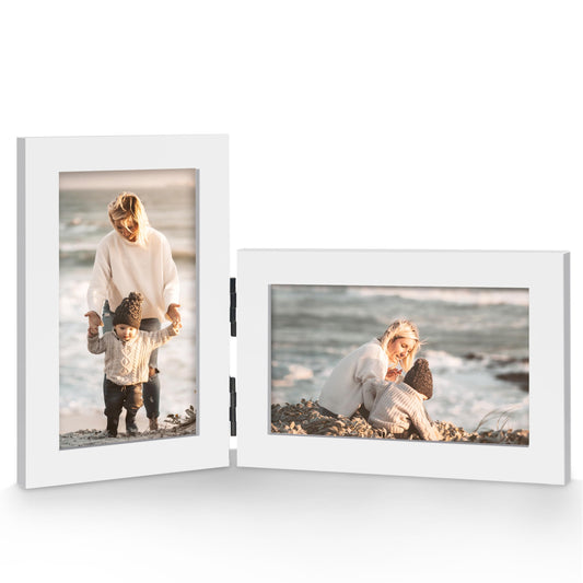 JD Concept Vertical Horizontal Combo, Double 3x5 White Wood Foldable Picture Frame, Opening 2.5x4.5 Portrait Landscape View, for Desk-top or Wall