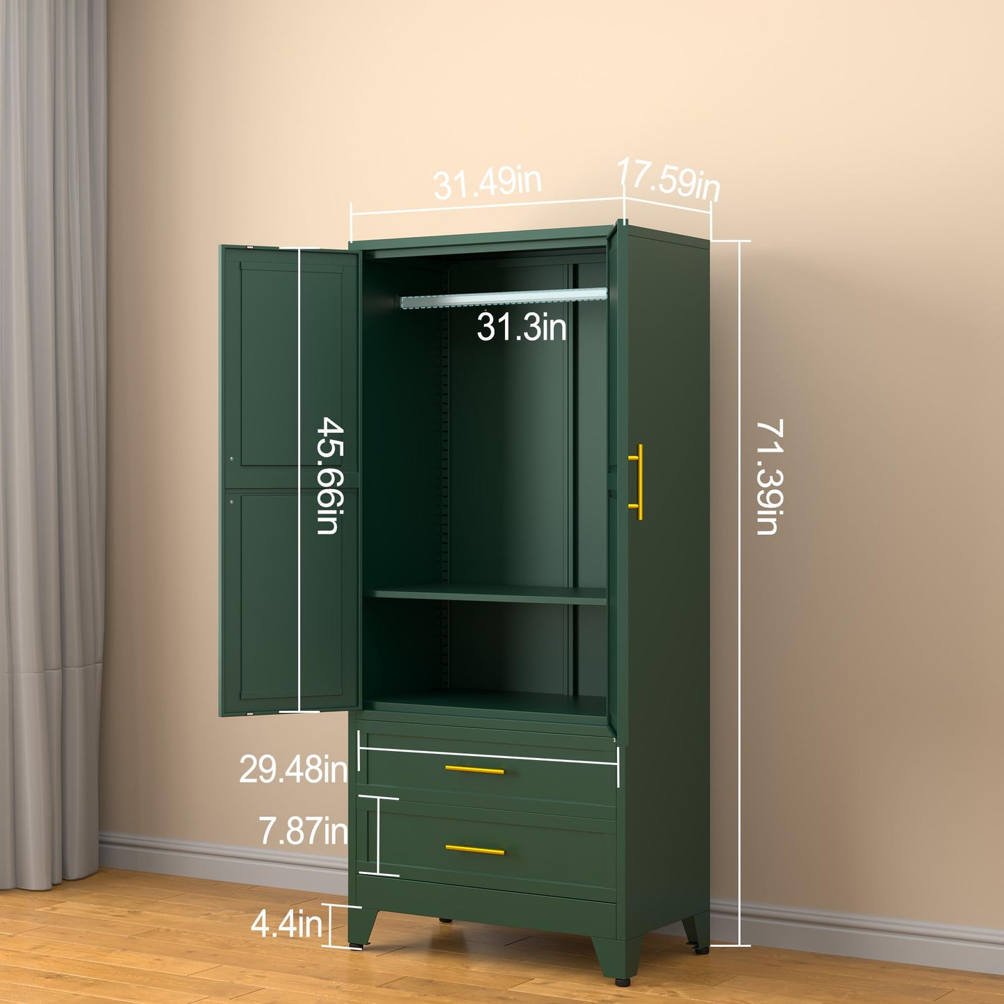 erosoei Metal Armoire Wardrobe Closet, 71 "Metal Clothing Storage Cabinet with Adjustable Shelves and Hanging Rod, Household Steel Wardrobe Storage Cabinet with Drawers (armoire-Green)