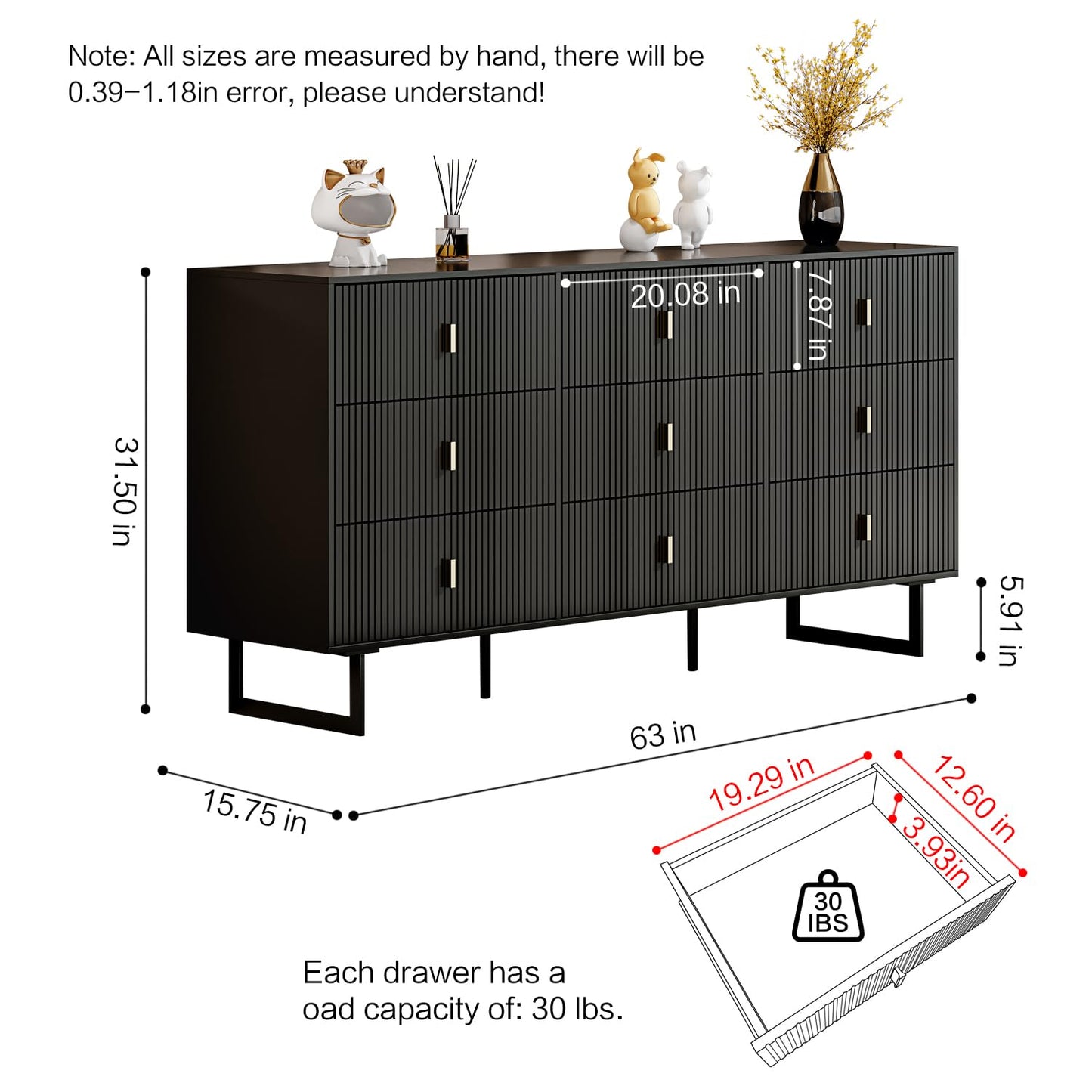 Pure black 9 Drawer Dresser for Bedroom, Large Double Dresser with Wide Drawers, Modern Chest of Drawers,Storage Organizer Dresser,Nursery Dresser,for Living Room, Hallway, Bedroom, Kids Bedroom