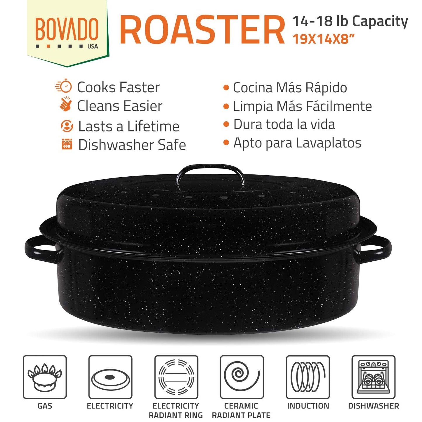 Bovado USA 19" Inch 20 lb Capacity Enamel Oval Turkey Roaster Pan + Lid - Thanksgiving Gift, Covered, Non-sticky, Chemical Free, Dishwasher Safe - (17.3 Inch Inner) - Rôtissoire (Capacité de 9.09 kg)