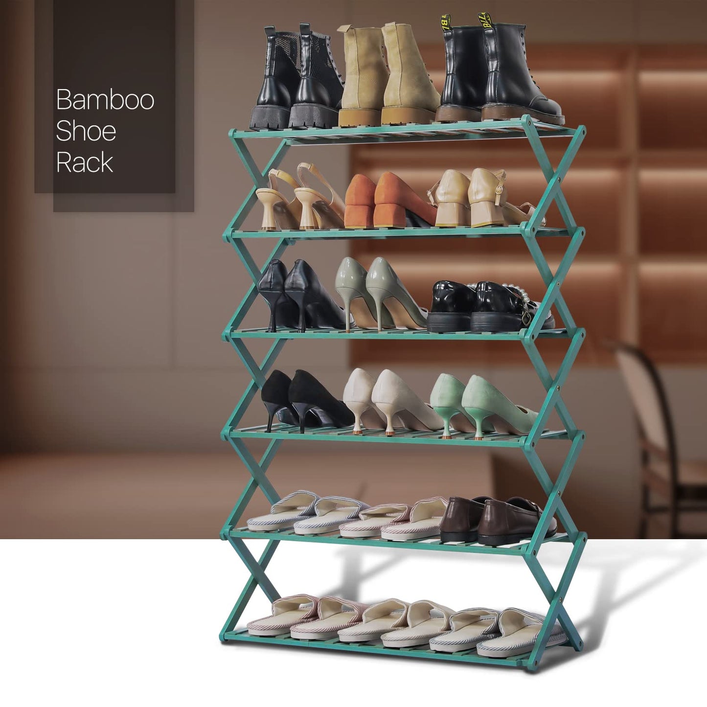 MoNiBloom Folding Shoe Rack for Entryway, Bamboo 6 Tier Stackable Installation-Free Shoe Storage Cabinet for 21-25 Pairs for Boots Heels Sandals Slippers, Green