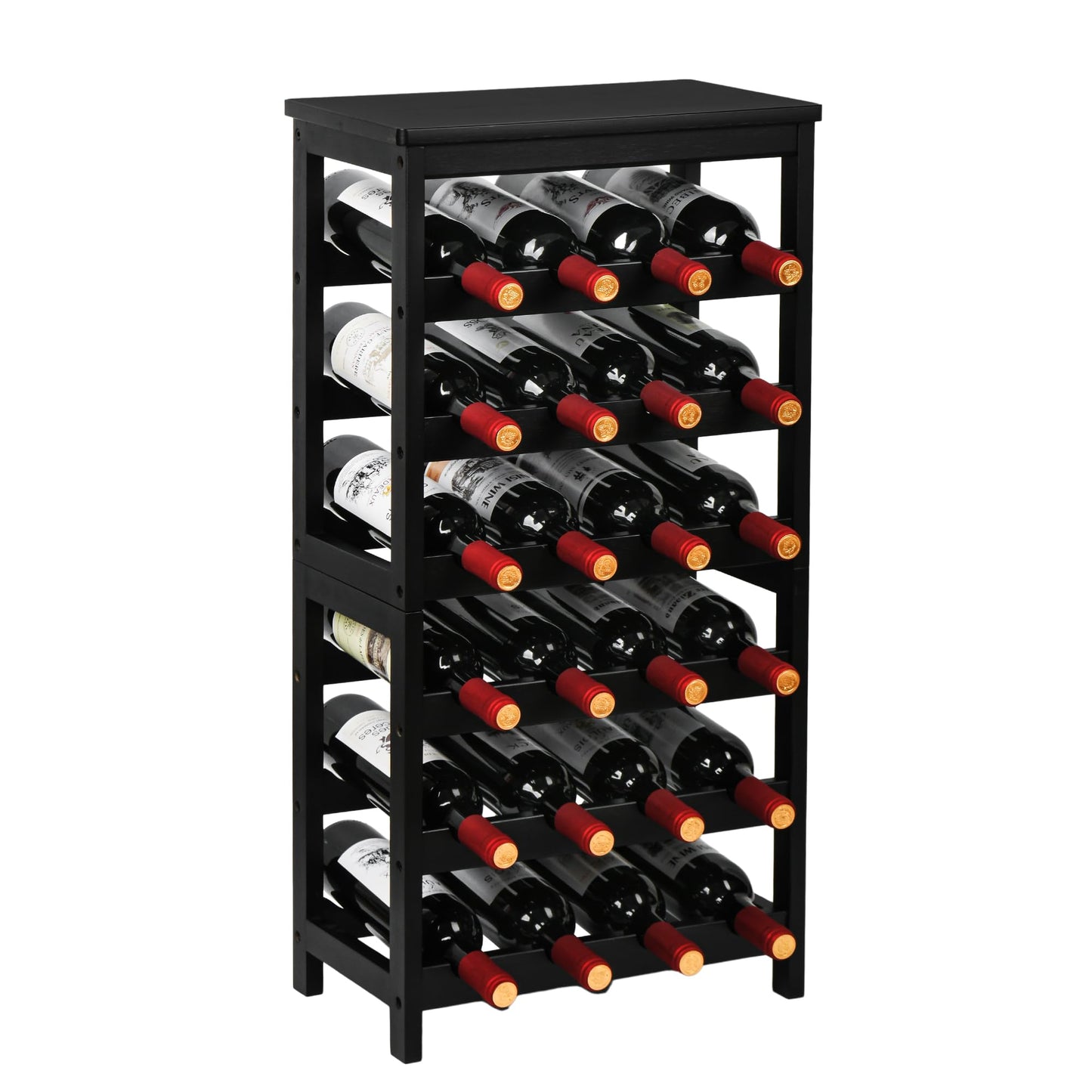 VASMIA Wine Rack Freestanding Floor, 6-Tier Display Wine Storage Shelves with Table Top, 24-Botttle Bamboo Wine Rack Shelf for Kitchen Bar Dining Room Living Room, Black