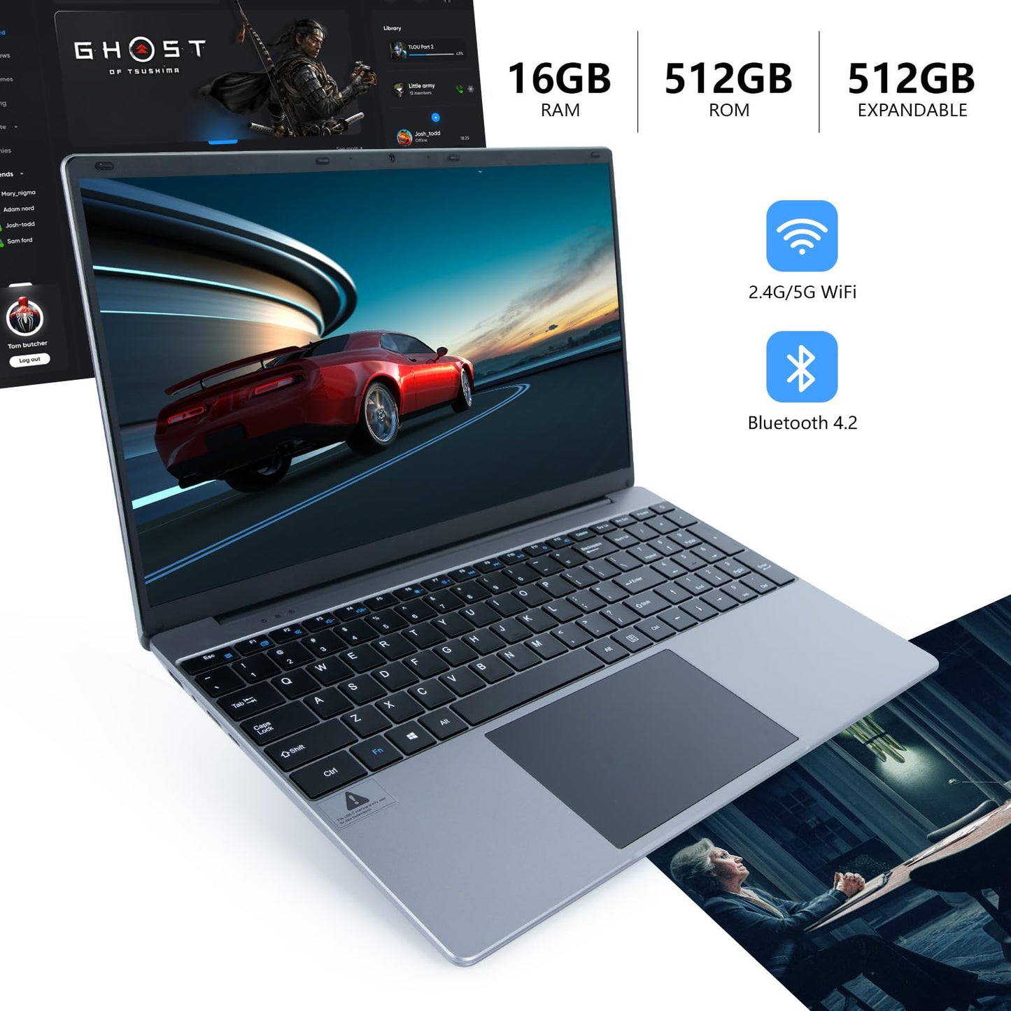 ANMESC Laptop, 15.6" 1080P Full HD Display High Performance Quad-Core Intel Celeron N5095 Processors 16GB DDR4 512GB SSD Windows 11 Laptop Computers, 2.4G/5G WiFi, Bluetooth 4.2, Long Battery Life