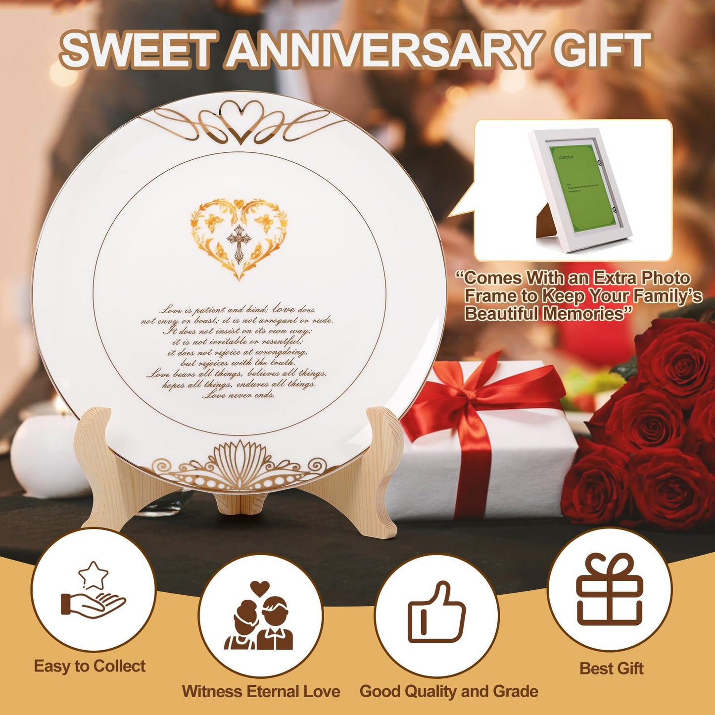 ICUPCIOUS Christian Decorations with 24K Gold Edge,Wedding Anniversary Plates,Wedding Gifts for Couples 2024,Couple Plates,with Picture Frame,Ceramic 9"