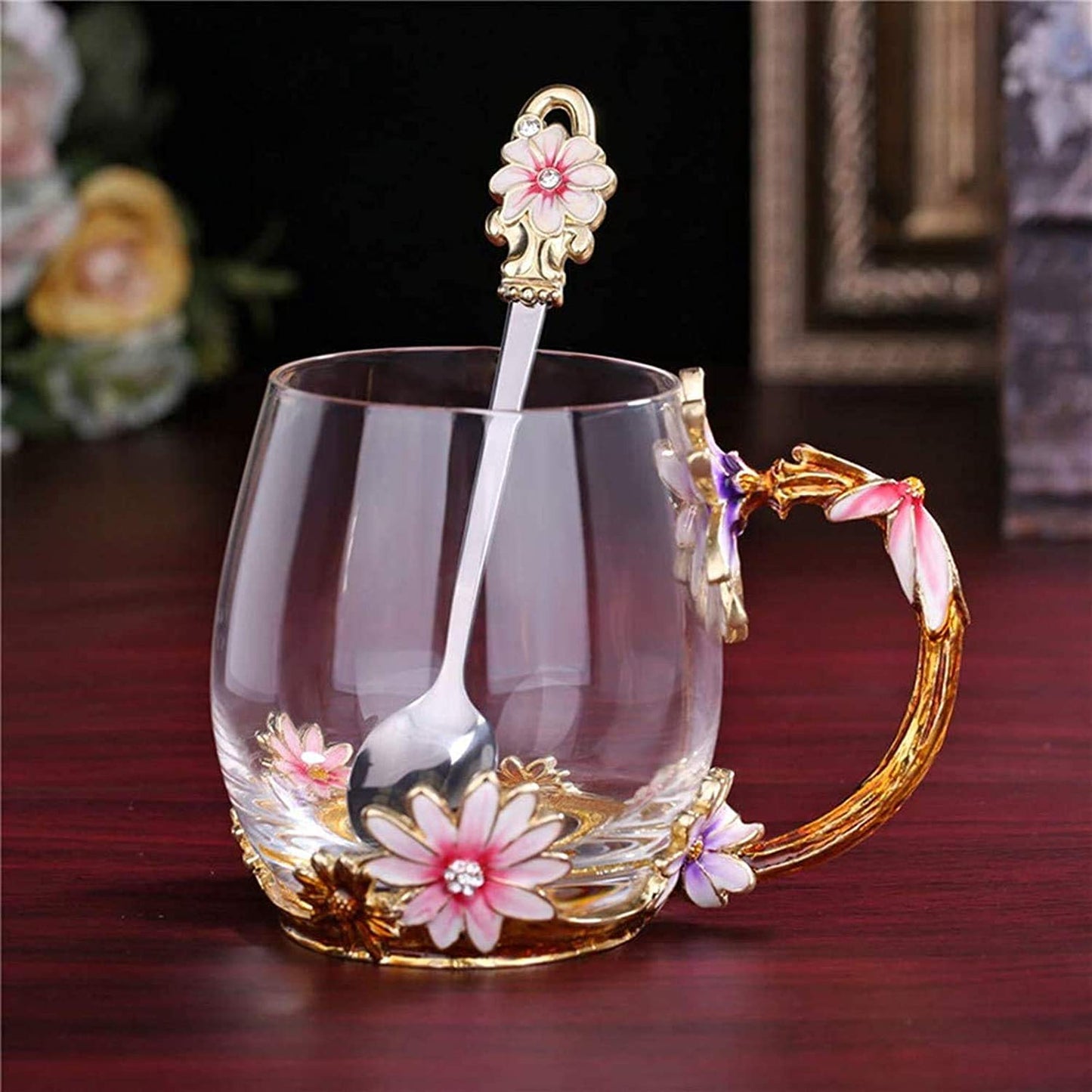 evecase daisy Flower Glass Mugs Tea Cup with Steel Spoon,Tea Lovers Gifts for Women,Wife,Mom,Female,Friends,Birthday,Mothers Day, valentines day,Christmas