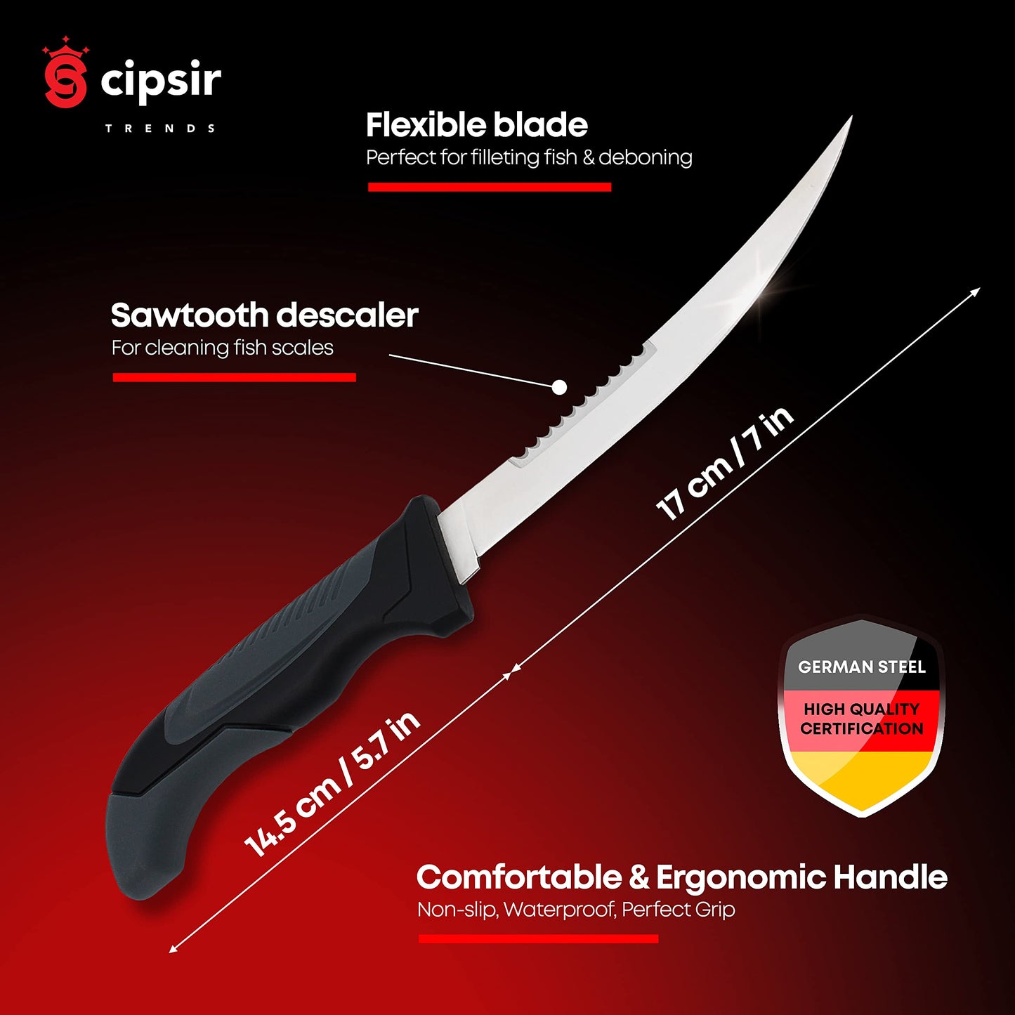 Cipsir Fillet Knife For Fish and Meat - Curved Salty Water-Resistant Made of German Steel 7 inch Blade with Sheath, Sharpener and Gift Box, Ideal for Filleting and Deboning Indoor or Outdoor