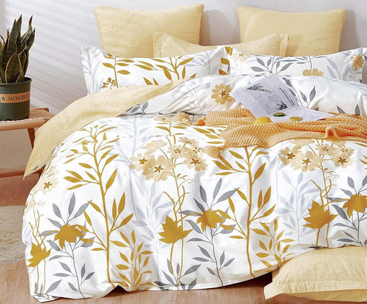 SLEEPBELLA Cotton Queen Size Comforter, 600 Thread Count Cotton Grey Branch with Yellow Flower & Grey Leaves Pattern Comforter Set,Down Alternative Bedding Set 3Pcs(Queen, Yellow Botanical)