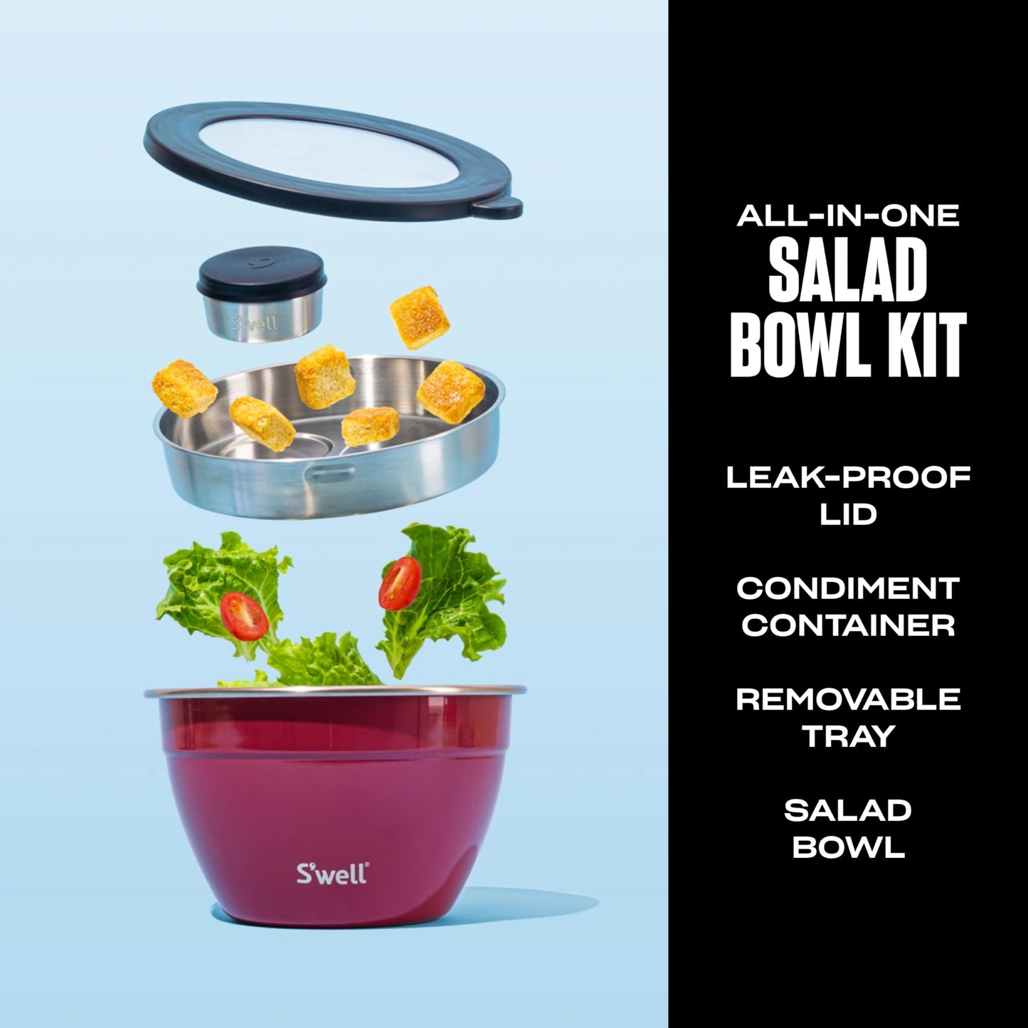 S'well Stainless Steel Salad Bowl Kit 64oz, Wild Cherry, Comes with 2oz Mini Canister and Removable Tray for Organization, Leakproof, Easy to Clean, Dishwasher Safe