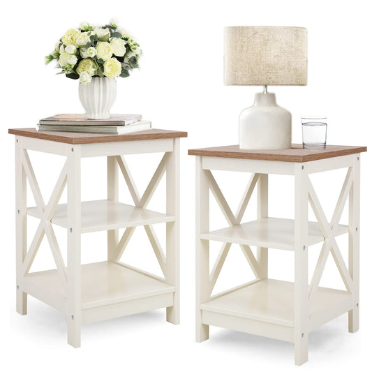 PHI VILLA End Table Living Room Set of 2 - Farmhouse Bed Side Table Nightstands for Bedroom, Ivory White Small Side Table