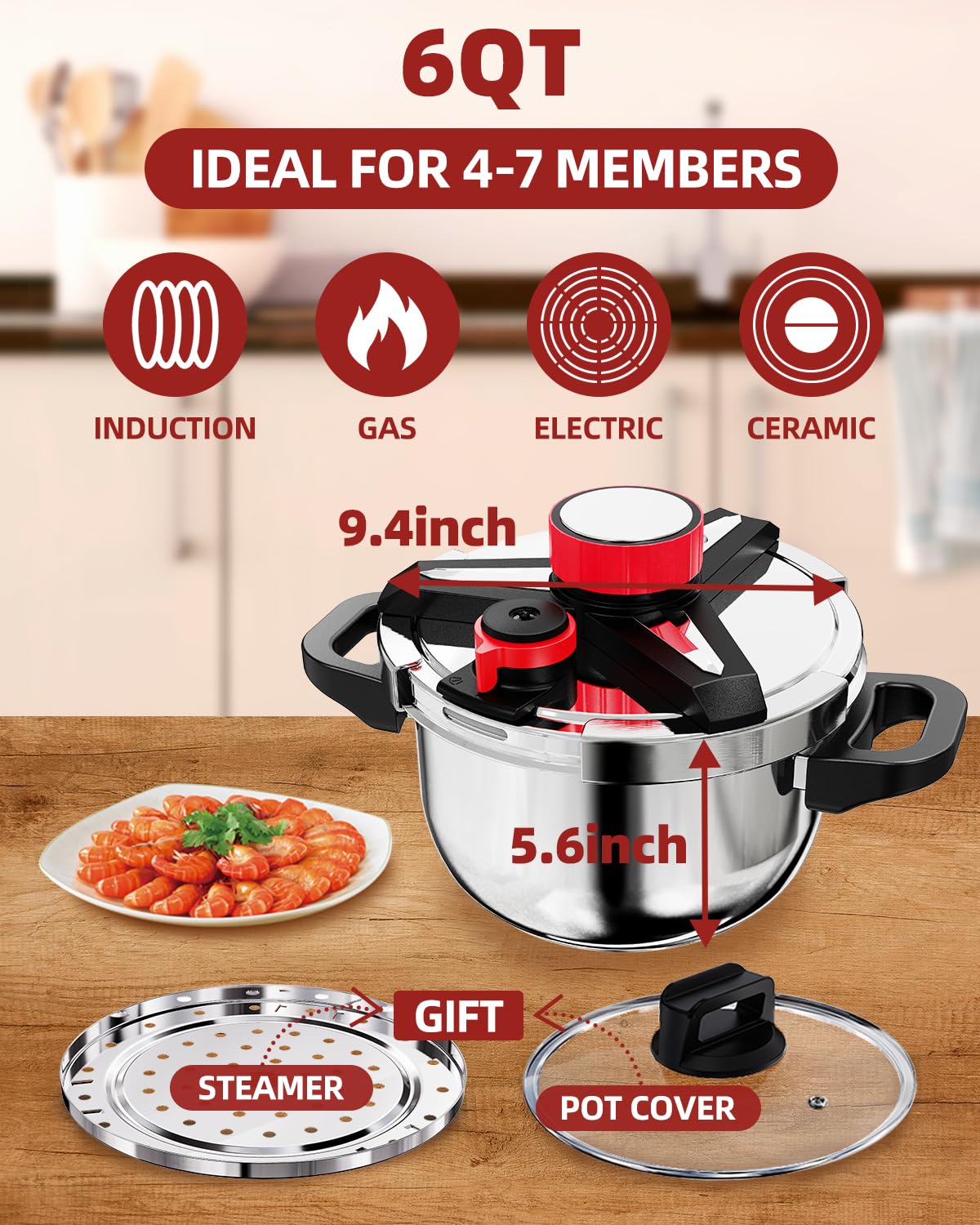 3-In-1 304 Stainless Steel Pressure Cooker 6 QT: [Explosion-Proof] [3 PSI Settings], One-Hand Locking, Induction Compatible, Glass Lid & Steamer Rack Included, Olla de Presion