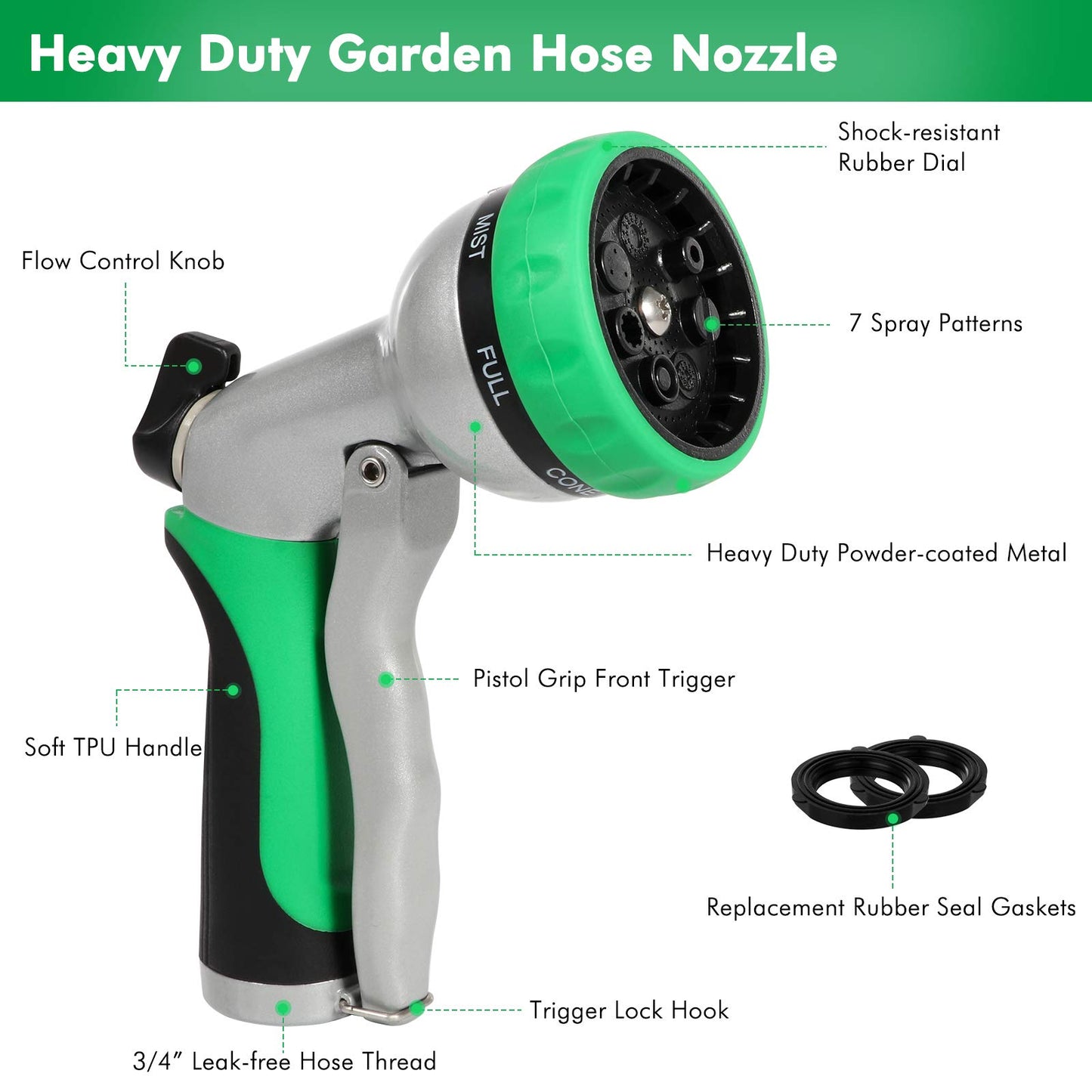 RESTMO Garden Hose Nozzle, Heavy Duty Metal Water Hose Nozzle with 7 Adjustable Spray Patterns, High Pressure Hand Sprayer with Flow Control for Watering Plants & Lawns, Washing Cars & Pets