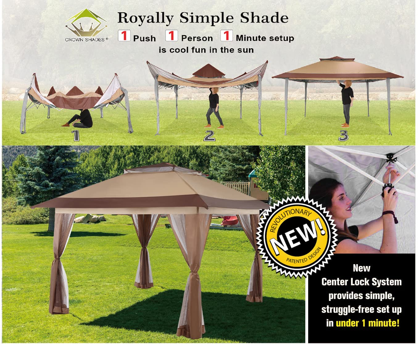 CROWN SHADES 13x13 Pop Up Gazebo, Patented One Push Outoor Canopy Tent with Wheeled STO-N-Go Cover Bag, Pop Up Canopy with Netting for Patio, Party, Backyard (13x13, Beige & Coffee)