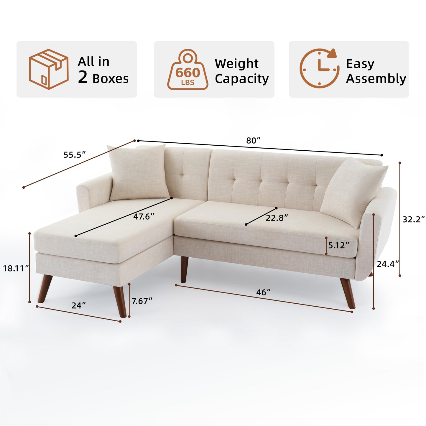 Kingfun 80" W L Shaped Couch Sofa, Mid-Century Modern Sectional Couches for Living Room, 3 Seat Couch with Wide Chaise Lounge & Two Pillows,Button Tufted Upholstered Sectional Sofa for Bedroom, Beige