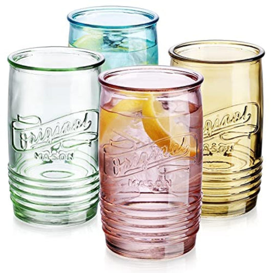 Glaver's Set Of 4 Original Mason Collins Glasses Assorted Colored Drinking Glasses For Juice, Cocktails, Beverage Glass Cups, Hand Wash. (Original Mason Colored 20 OZ)