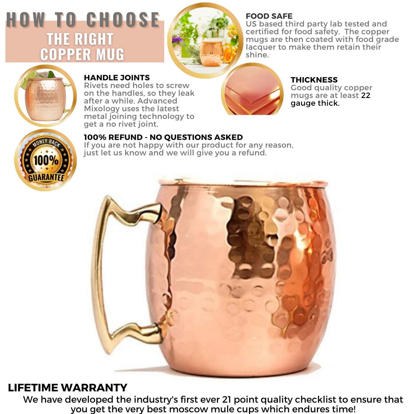 Kitchen Science [Gift Set] Moscow Mule Copper Mugs Set of 8 (16oz) w/Straws & Jigger | 100% Pure Copper Cups, Tarnish-Resistant Food Grade Lacquered Finish, Ergonomic Handle (No Rivet) w/Solid Grip