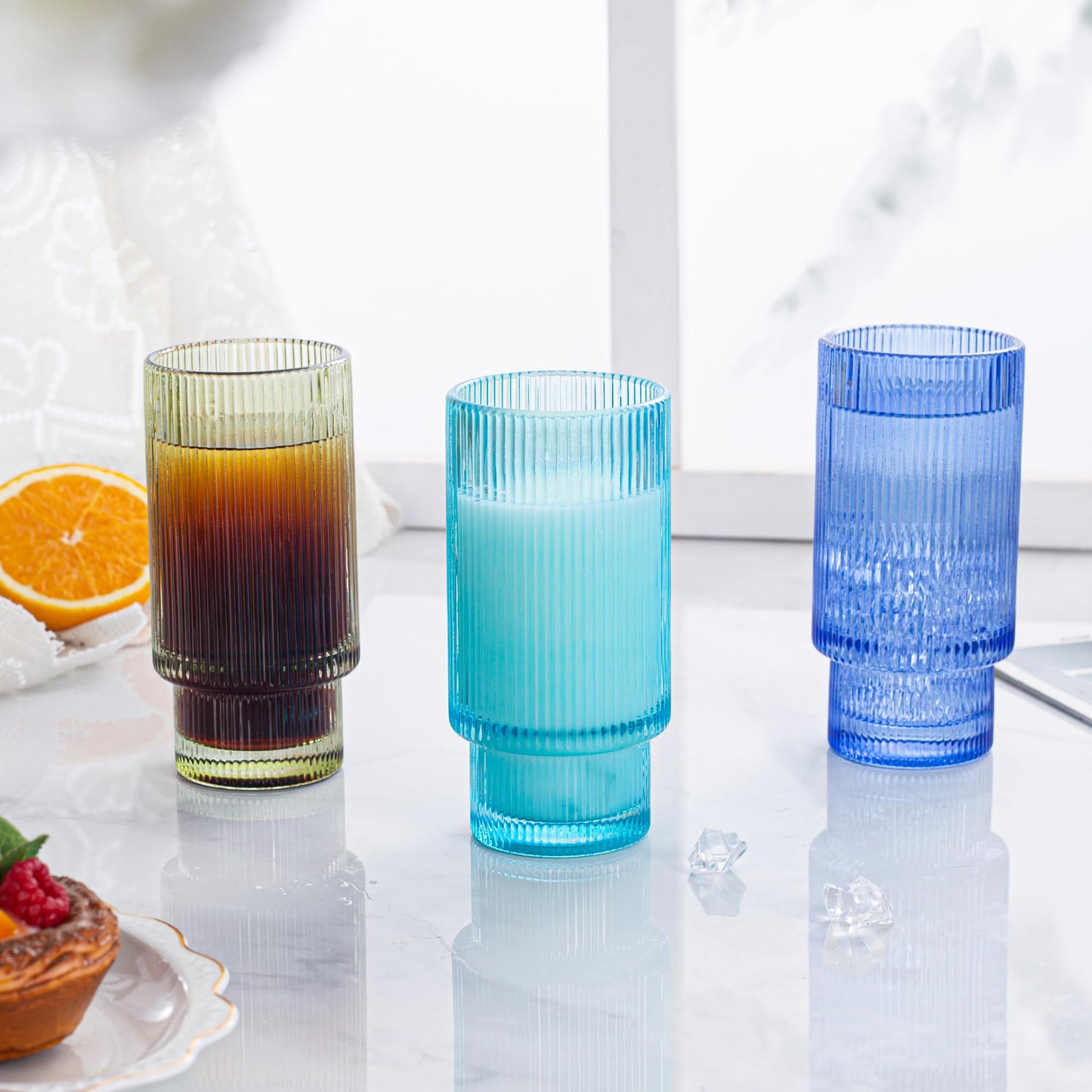 Dingerjar Stackable Ribbed Glass Cup Set of 6 12oz, Colored Iced Tea Glasses for Water, Beverage, Juice, Wine, Beer, and Cocktails