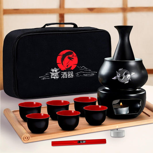 Japanese Sake Set with Warmer | 11 pc | 6 sake cups only | non electric sake warmer | sake bottle | candles | lighter | bamboo sake flight tray for sake cup set | bomb gift kit for chinese sake set