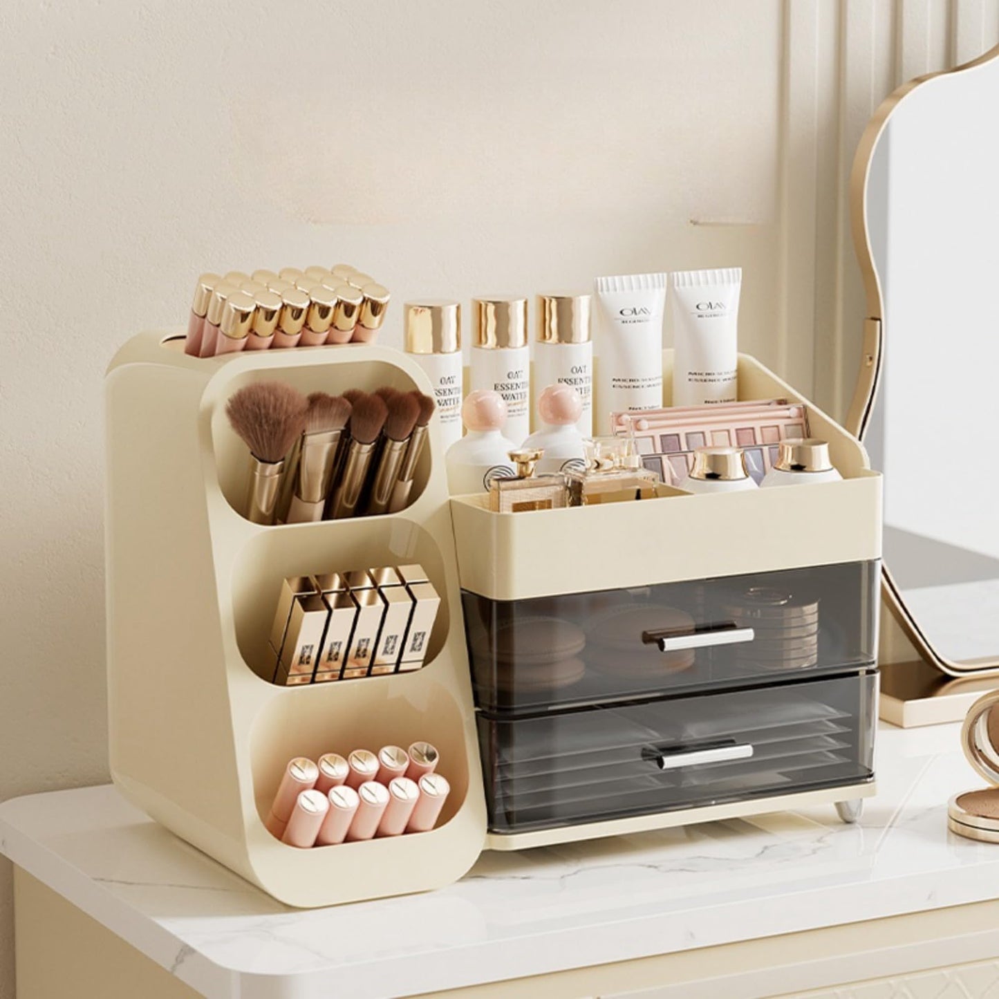 Makeup organizer with Drawers for Vanity,Spacious Cosmetic Display Case,Perfect Storage Solution for Your Beauty Essential(Cream)