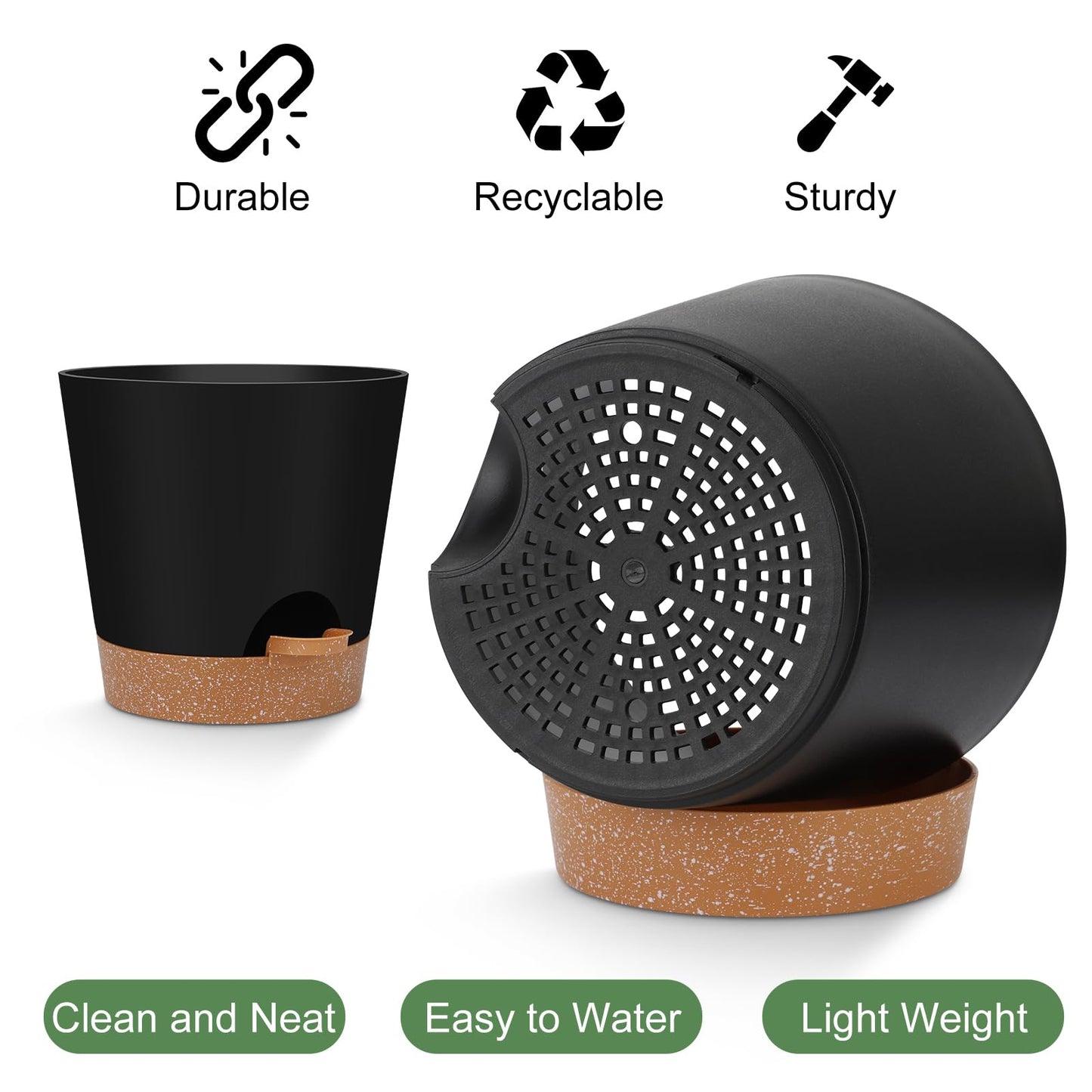 YNNICO Indoor Self Watering Planters with Drainage Holes and Saucers, 8, 7, 6.5, 6, 5.5, 5 Inches, Black, 6 Pots