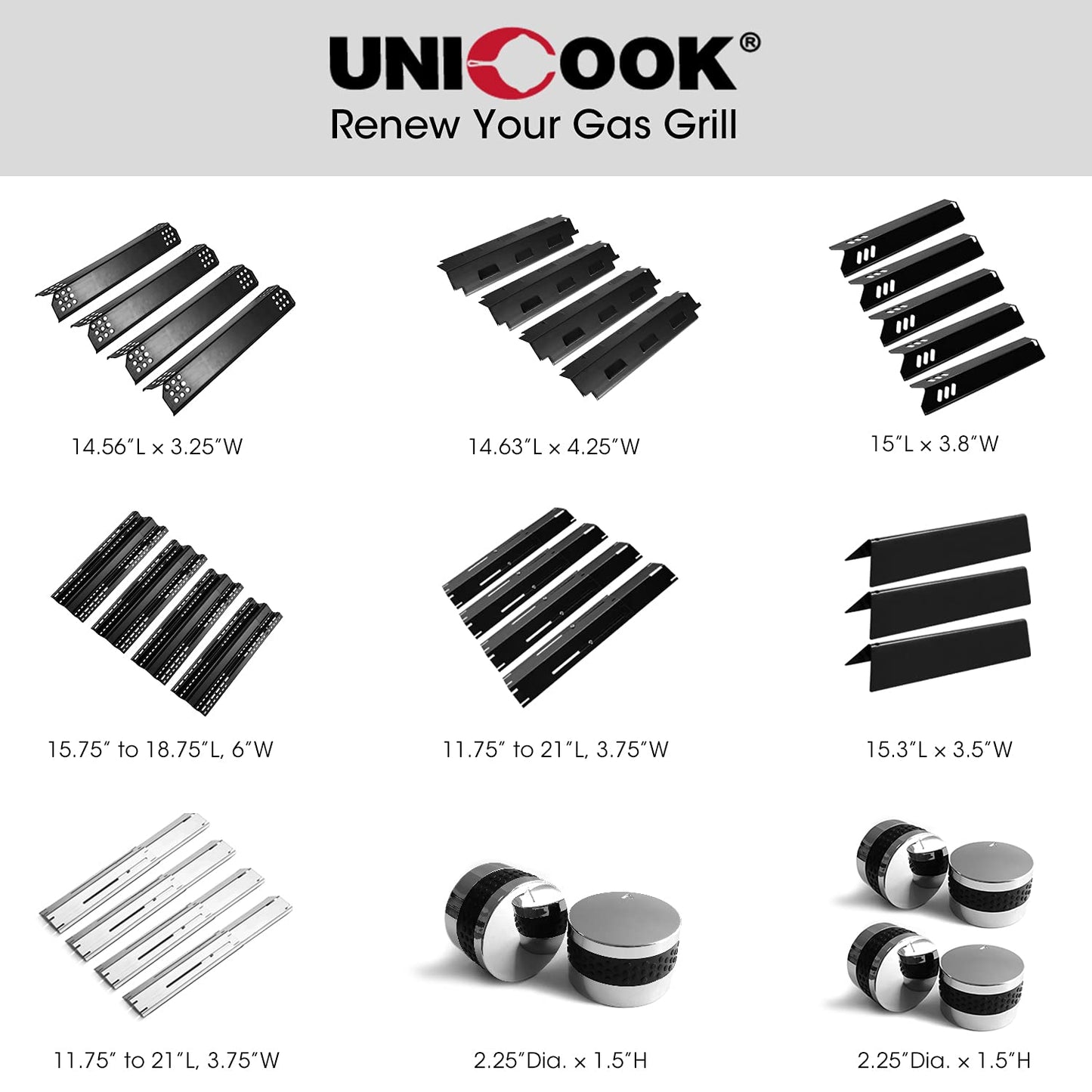 Unicook Heavy Duty Adjustable Porcelain Steel Grill Heat Plate Shield Replacement, Heat Tent, Flavorizer Bar, Burner Cover, Flame Tamer for Gas Grill, Extends from 11.75" up to 21" L, 3 Pack