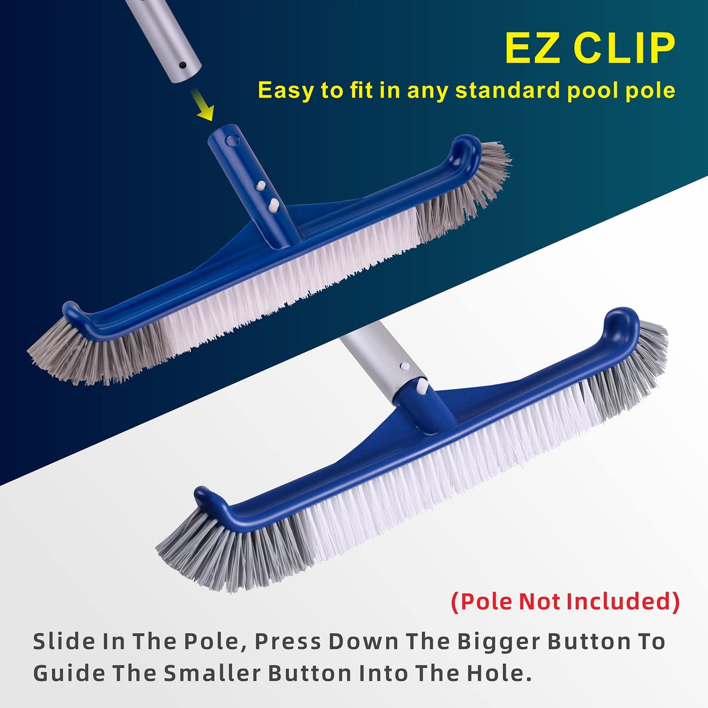 POOLAZA Pool Brush, 17.5" Pool Brushes for Cleaning Pool Walls, Premium Nylon Bristles Pool Brush Head with EZ Clip, Curved Ends High-Efficiency Pool Scrub Brush