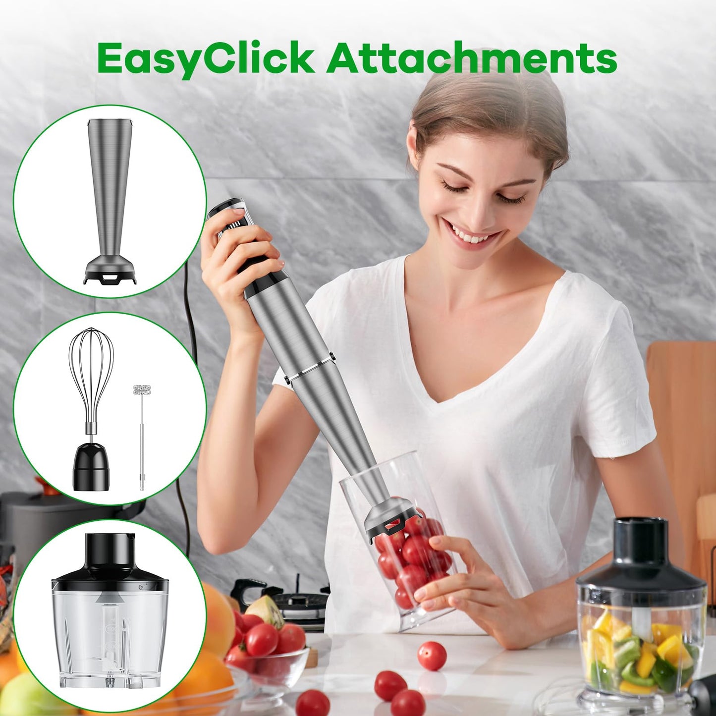 Immersion Blender Handheld Corded Hand Blender 1100W, Trigger Variable Speed 5 in 1 Stick Blender, Emulsion Blender with Chopper, Whisk and Frother for Soup, Baby Food and Smoothies