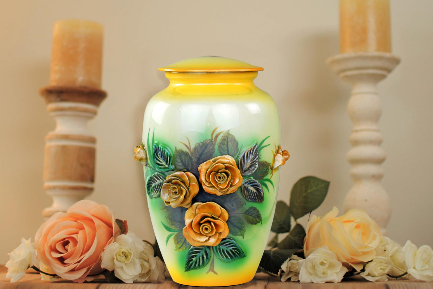 11" 3D Carved Decorative Flowers Aluminum Metal Cremation Urns for Human Ashes | Hand-Crafted Large Urn for Adult Cremation (Yellow Roses)