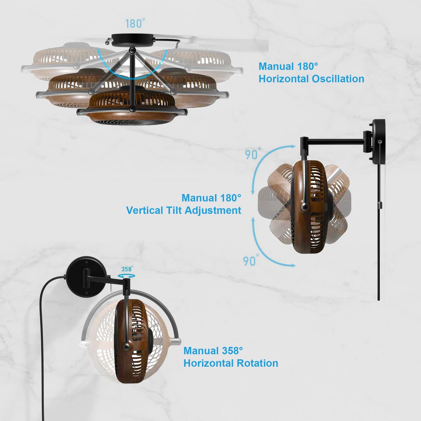 Parrot Uncle Wall Mount Fans 10 Inch Wall fans Oscillating Plug in Ceiling Fans Vintage Wall Mounted Fan Small Folding Rotating Fans with Adjustable Arm for Bathroom Kitchen Dinning Room, Walnut