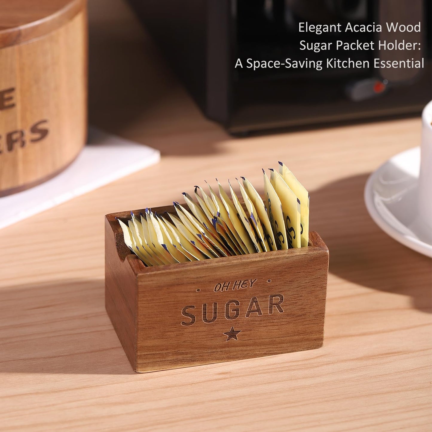 Sugar Packet Holder For Coffee Bar, Acacia Wood Sugar Packets Caddy, Farmhouse Sugar Cube Holder, Small Sugar Container Tea Bag Organizer for Table, Office,Hotel, Restaurant