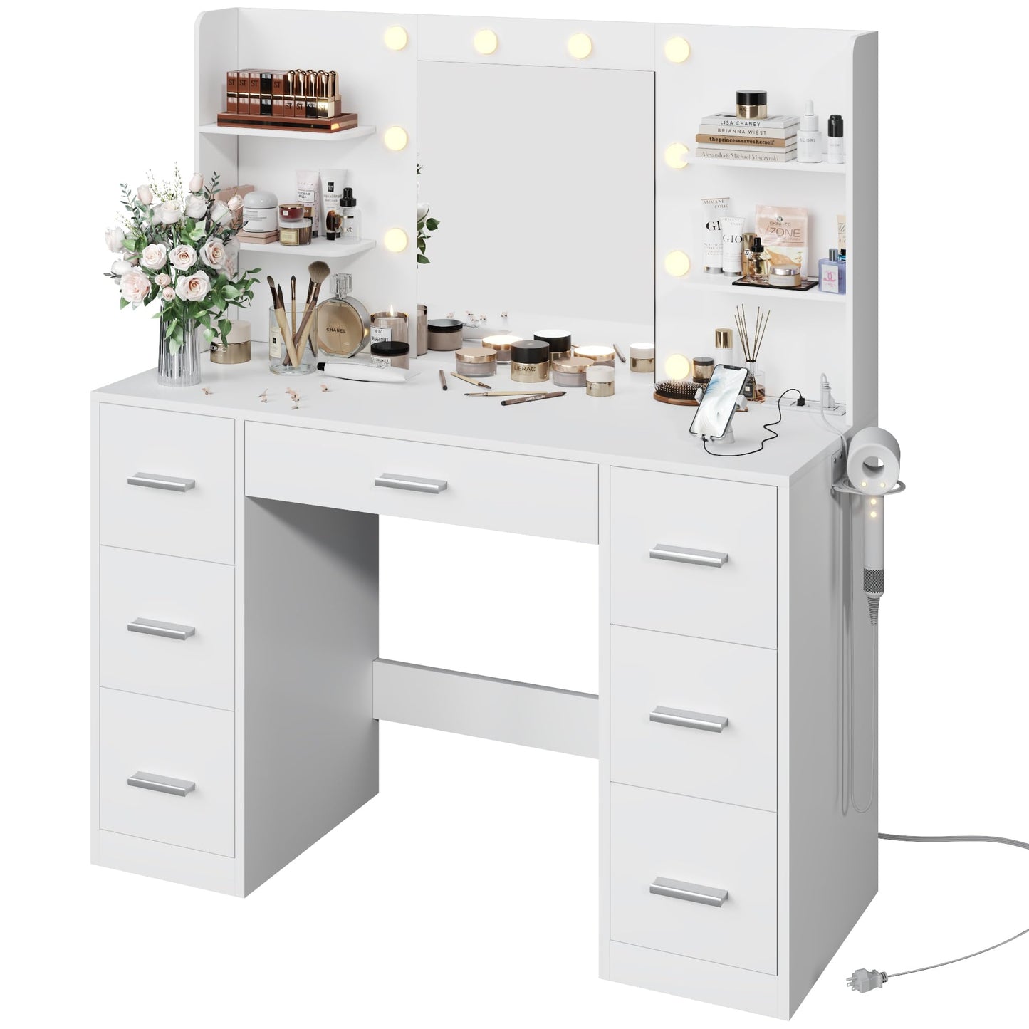 YESHOMY Vanity Desk with Mirror, Power Outlet and 10 Lights, Makeup Table with 7 Drawers, 3 Color Modes Available for Bedroom, White