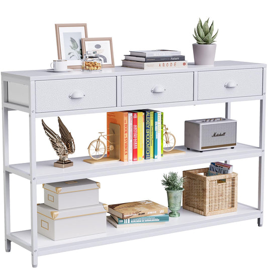 White Long 47" Console Sofa Table with 3 Drawers, Entryway Table with 3-Tier Storage Shelves, Display Shelf for Entry Way, Hallway, Couch, Living Room, Kitchen, Foyer