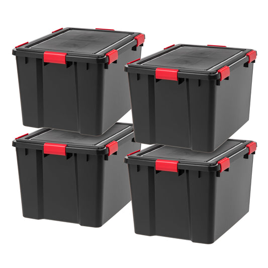 IRIS USA WeatherPro 74 Qt Storage Bins with Lids, 4 Pack, BPA-Free Plastic Gasket Box with Tight Latch and Seal, Stackable Nestable Tote Tub - Black/Red