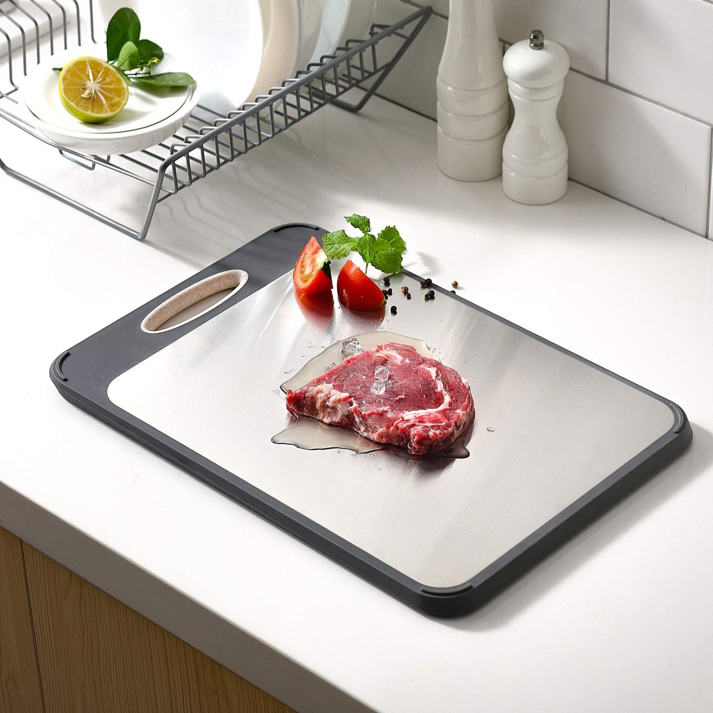 Cutting Board Double Sided, GUANCI Large Size 16”×11”, 304 Stainless Steel Cutting Board for Kitchen, Food-Grade, Stainless Steel and Wheat Straw PP, Easy to Clean