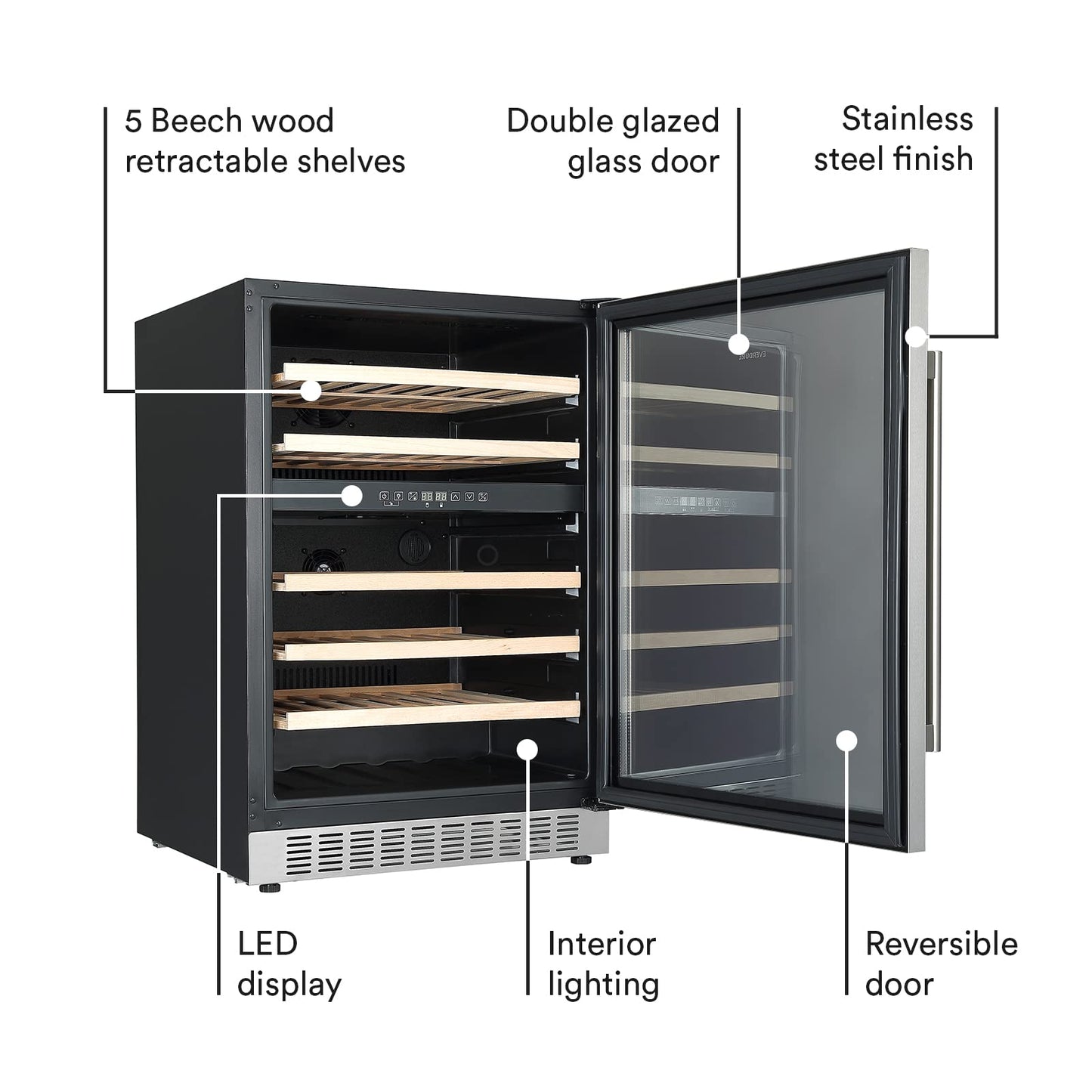 Everdure 46 Bottle Luxury Wine Cooler & Beverage Refrigerator, Built in or Free-Standing, Dual Zone, Stainless Steel with Reversible Glass Door, Beech Wood Shelves and LED Display Touchpad