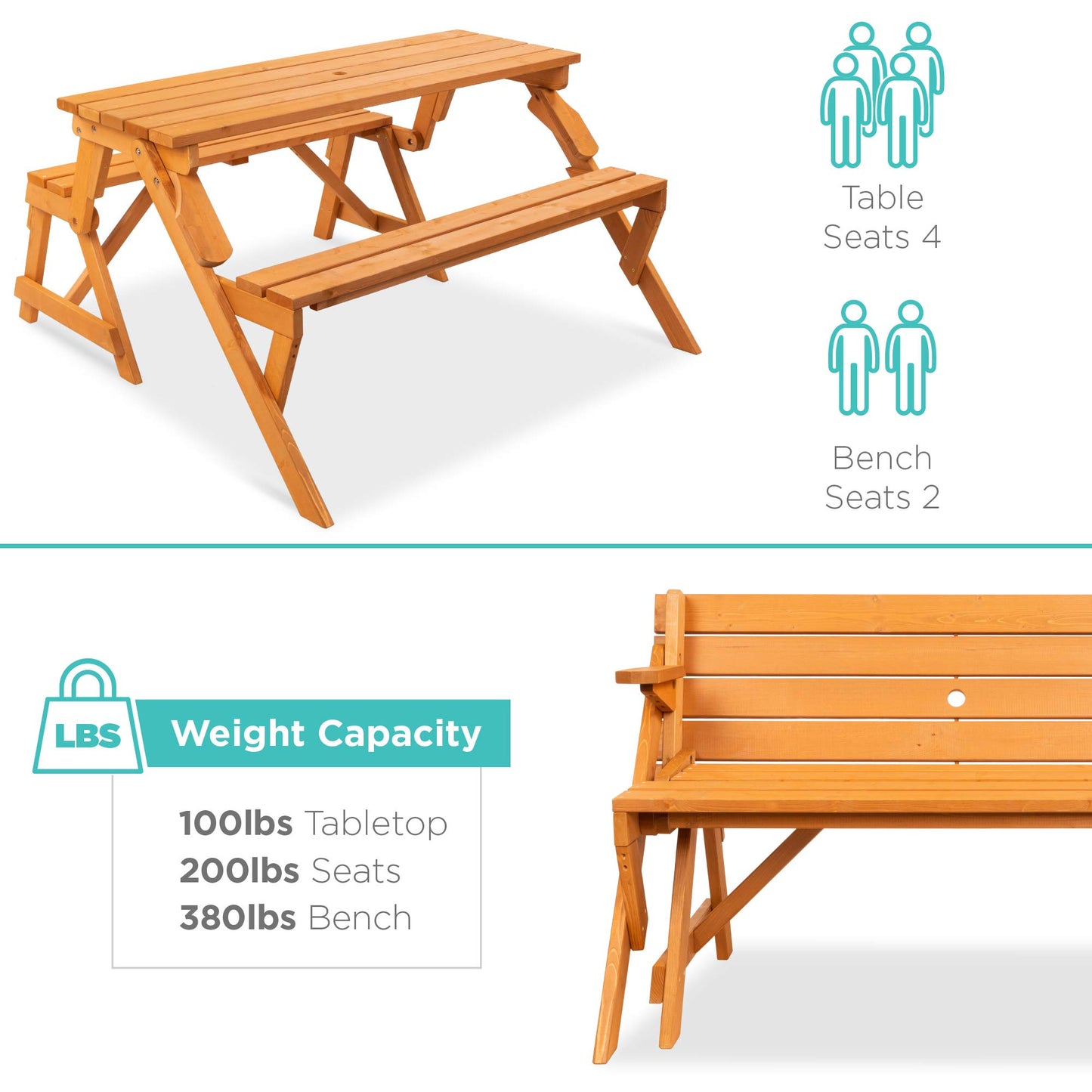 Best Choice Products 2-in-1 Transforming Interchangeable Outdoor Wooden Picnic Table Garden Bench for Backyard, Porch, Patio, Deck w/Umbrella Hole - Natural